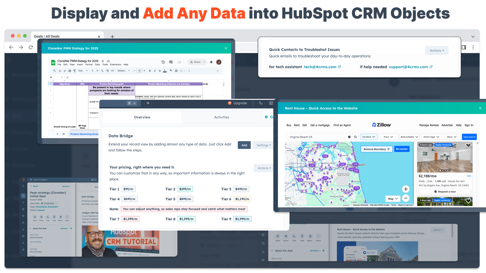 Add Google Sheets, videos, text notices, iframed content, and mailto links - and display them based on conditions, filters, or custom rules - directly inside deals, contacts, tickets, or companies in HubSpot.